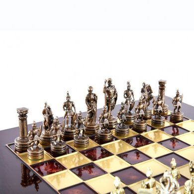 S3CRED Manopoulos Greek Roman Period chess set with gold-bronze chessmen/Red chessboard 28cm
