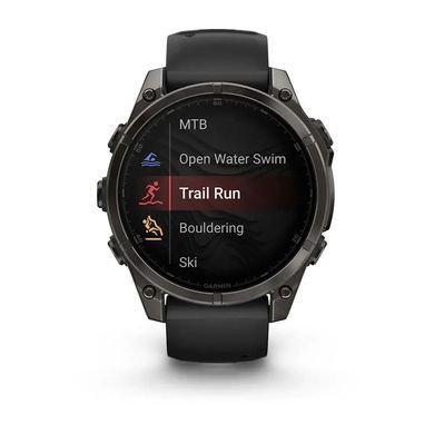 Смарт-годинник Garmin Fenix 8 &ndash; 47 мм, AMOLED Sapphire, титан з DLC-покриттям Carbon Gray та силіконовим ремінцем чорного/сірого кольору