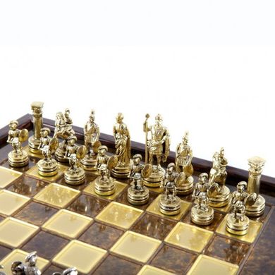 SK3BRO Manopoulos Greek Roman Period chess set with gold-silver chessmen/Brown chessboard on wooden box 27cm