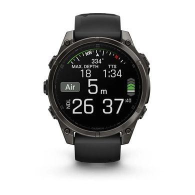 Смарт-годинник Garmin Fenix 8 &ndash; 47 мм, AMOLED Sapphire, титан з DLC-покриттям Carbon Gray та силіконовим ремінцем чорного/сірого кольору