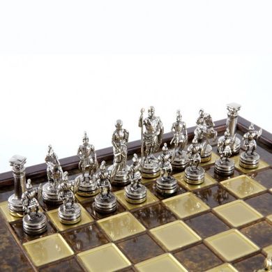 SK3BRO Manopoulos Greek Roman Period chess set with gold-silver chessmen/Brown chessboard on wooden box 27cm