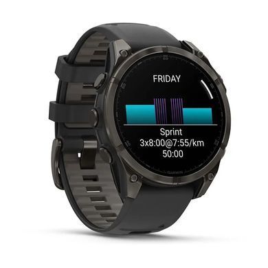 Смарт-годинник Garmin Fenix 8 &ndash; 47 мм, AMOLED Sapphire, титан з DLC-покриттям Carbon Gray та силіконовим ремінцем чорного/сірого кольору