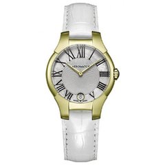 Годинники наручні жіночі Aerowatch 06964 JA01 кварцові, колір жовтого золота, білий шкіряний ремінець