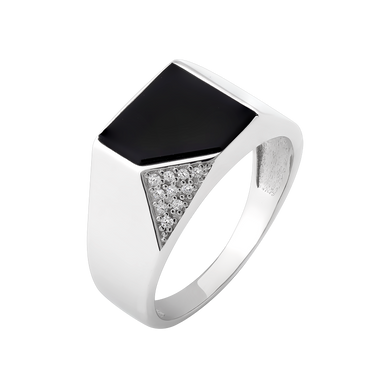 Чоловічий перстень срібний з чорним оніксом і білими фіанітами 21