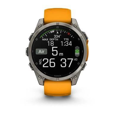 Смарт-годинник Garmin Fenix 8 &ndash; 47 мм, AMOLED Sapphire, титан із силіконовим ремінцем кольору Spark Orange/Graphite