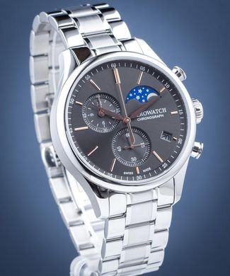 Часы-хронограф наручные мужские Aerowatch 78986 AA02M, кварц, черный циферблат с фазой Луны, стальной браслет