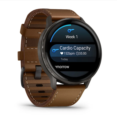 Смарт-годинник Garmin Venu 4 (45 мм) сланцевий із чорним силіконовим ремінцем і коричневим шкіряним ремінцем