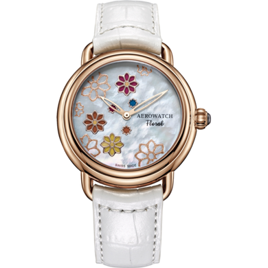 Часы наручные женские Aerowatch 44960 RO16 кварцевые на белом ремешке, перламутровый циферблат в цветах