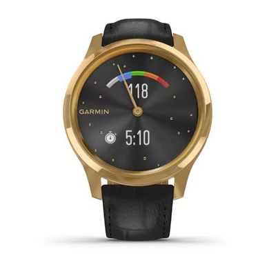 Смарт годинник Garmin Vivomove Luxe золотавий 24K з чорним ремінцем з італійської шкіри