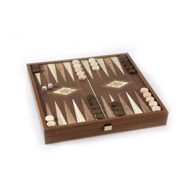 STP28E Manopoulos Backgammon & Chess Olive branch design in Walnut replica wood case 27x27cm