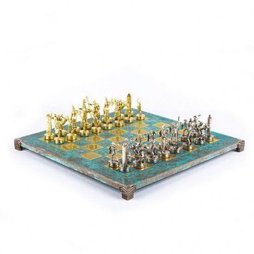 S4TIR Manopoulos Greek Mythology chess set with gold-silver chessmen/Antique Turquoise chessboard 36cm