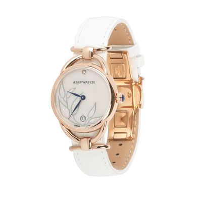 Годинник наручний жіночий Aerowatch 07977 RO02 кварцовий з діамантом і візерунком "Чайне листя", білий ремінець