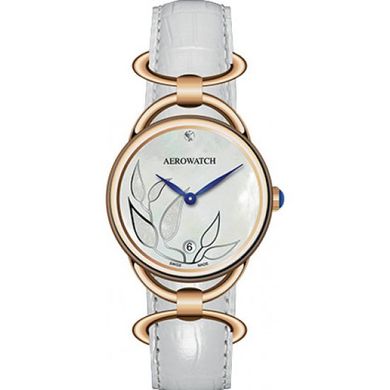 Годинник наручний жіночий Aerowatch 07977 RO02 кварцовий з діамантом і візерунком "Чайне листя", білий ремінець