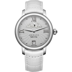 Годинники наручні жіночі Aerowatch 44938 AA14 кварцові, з датою і індикатором день/ніч, білий ремінець з шкіри