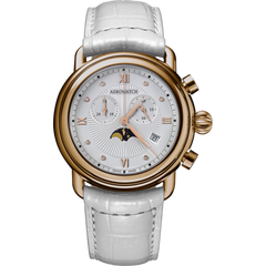 Годинник-хронограф наручний жіночий Aerowatch 84934 RO07 кварцовий з діамантами і фазою Місяця, білий ремінець