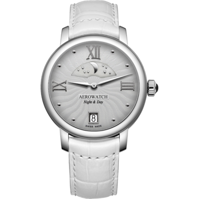 Часы наручные женские Aerowatch 44938 AA14 кварцевые, с датой и индикатором день/ночь, белый ремешок из кожи