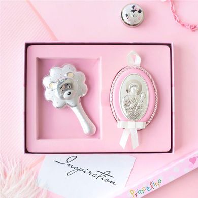 Срібна брязкальце Ведмедик і ікона Діва Марія для дівчаток