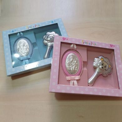 Серебряная погремушка Мишка и икона Дева Мария для девочек