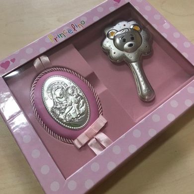 Серебряная погремушка Мишка и икона Дева Мария для девочек