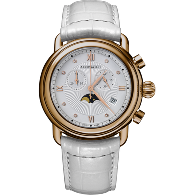 Часы-хронограф наручные женские Aerowatch 84934 RO07 кварцевые с бриллиантами и фазой Луны, белый ремешок