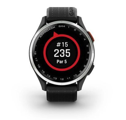 Смарт-годинник Garmin Approach S44 зі сріблястим алюмінієвим безелем і чорним силіконовим ремінцем