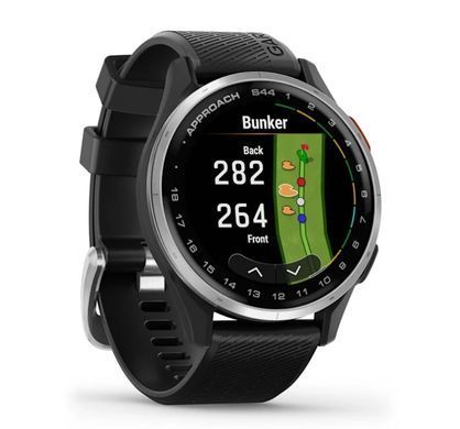 Смарт-годинник Garmin Approach S44 зі сріблястим алюмінієвим безелем і чорним силіконовим ремінцем