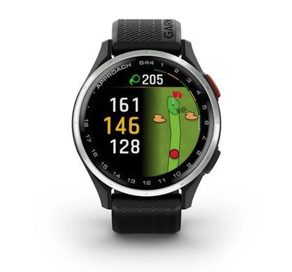 Смарт-годинник Garmin Approach S44 зі сріблястим алюмінієвим безелем і чорним силіконовим ремінцем