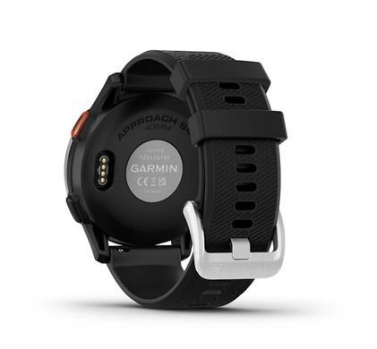 Смарт-годинник Garmin Approach S44 зі сріблястим алюмінієвим безелем і чорним силіконовим ремінцем