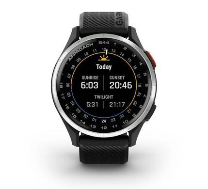 Смарт-годинник Garmin Approach S44 зі сріблястим алюмінієвим безелем і чорним силіконовим ремінцем