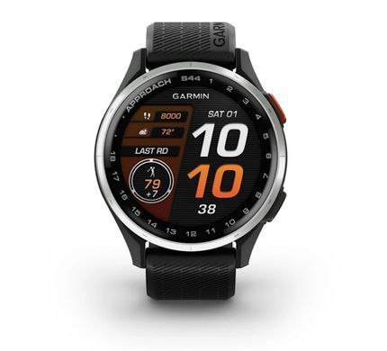 Смарт-годинник Garmin Approach S44 зі сріблястим алюмінієвим безелем і чорним силіконовим ремінцем
