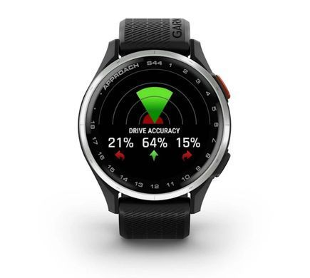 Смарт-годинник Garmin Approach S44 зі сріблястим алюмінієвим безелем і чорним силіконовим ремінцем