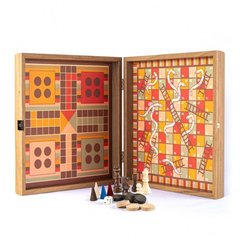 CBLS34ORG Manopoulos Chess/Backgammon/Ludo/Snakes - Rainbow - Walnut Replica Wooden Case