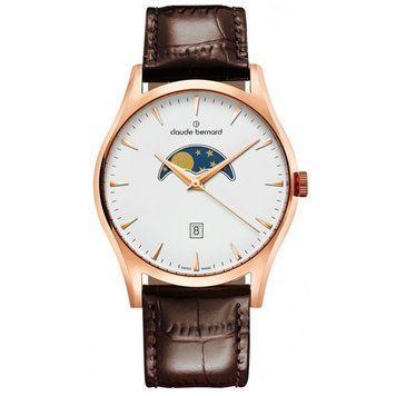 Часы наручные мужские Claude Bernard 79010 37R BIR, кварцевые с датой и фазой Луны, кожаный ремешок