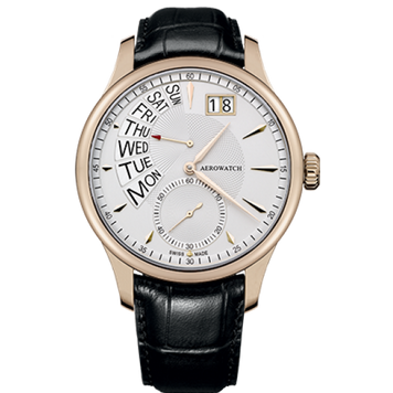 Годинники наручні чоловічі Aerowatch 46982 RO02 кварцові, з датою і днем тижня, чорний шкіряний ремінець