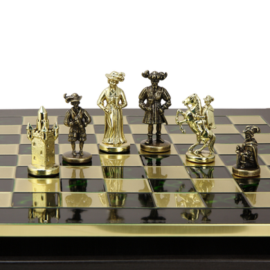 S12CGRE Manopoulos Medieval Knights chess set with bronze-gold chessmen/Green chessboard 44cm
