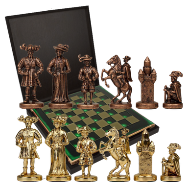 S12CGRE Manopoulos Medieval Knights chess set with bronze-gold chessmen/Green chessboard 44cm