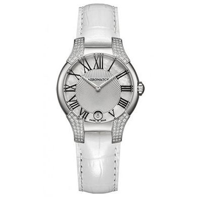 Годинник наручний жіночий Aerowatch 06964 AA03 96DIA кварцовий, 96 діамантів, шкіряний білий ремінець