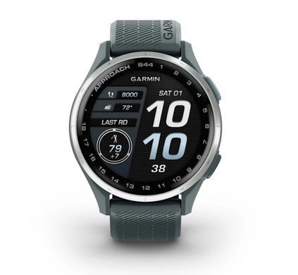 Смарт-годинник Garmin Approach S44 зі сріблястим алюмінієвим безелем і силіконовим ремінцем сутінкового кольору