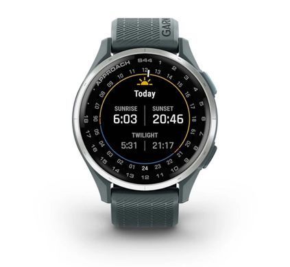 Смарт-годинник Garmin Approach S44 зі сріблястим алюмінієвим безелем і силіконовим ремінцем сутінкового кольору