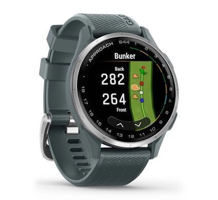 Смарт-годинник Garmin Approach S44 зі сріблястим алюмінієвим безелем і силіконовим ремінцем сутінкового кольору