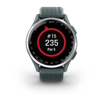 Смарт-годинник Garmin Approach S44 зі сріблястим алюмінієвим безелем і силіконовим ремінцем сутінкового кольору